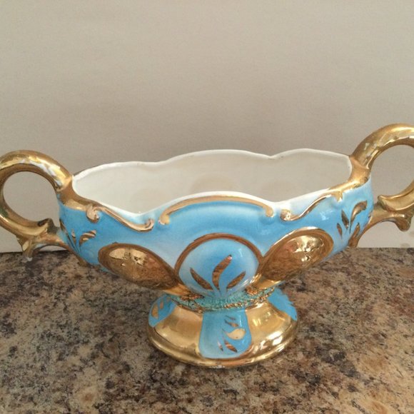 Vintage big bowl footed handled heavy gold gild sky blue hand painted - Picture 3 of 8
